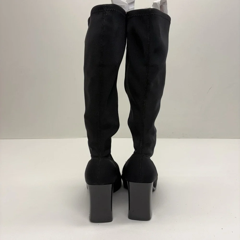 Wesley & Co Vintage 90s Y2K Black Sock Boots Knee High Square Toe Chunky Heel 6 - Picture 6 of 12